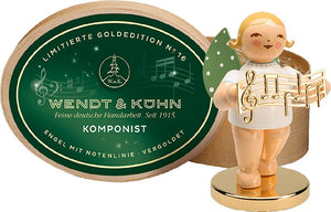 Wendt & Kühn-Goldedition nr 16 de Komponist, vergulde notenbalk op verguld metalen sokkel en spaandoos- bruin haar - Schreuder-kraan.shop