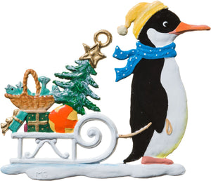 S&K handbeschilderd tin-Kerstboomhanger pinguïn met kerstslee - Schreuder-kraan.shop