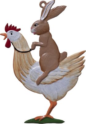 S&K handbeschilderd tin-Paashanger: kip berijdt een haas - Schreuder-kraan.shop
