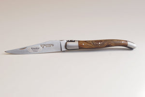 Laguiole en Aubrac-Zakmes, 12 cm gesatineerd rvs met pistache houten heft - Schreuder-kraan.shop